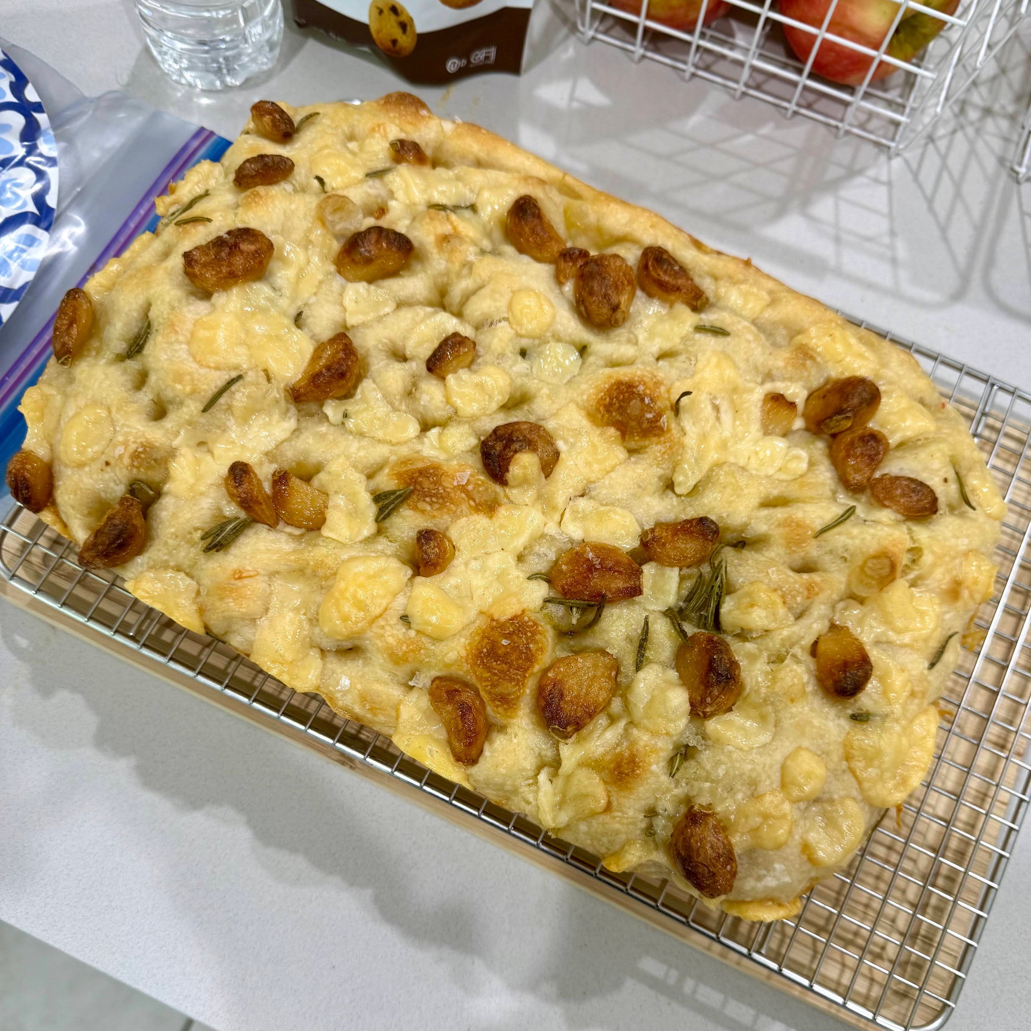 Focaccia with Confit Garlic, Rosemary, Parmesan